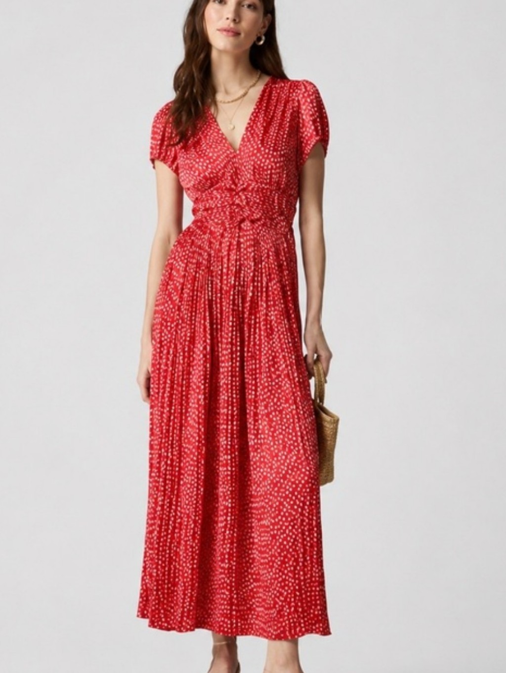 J. Crew Red Micro Pleat Floral Polka Dot Maxi Dress